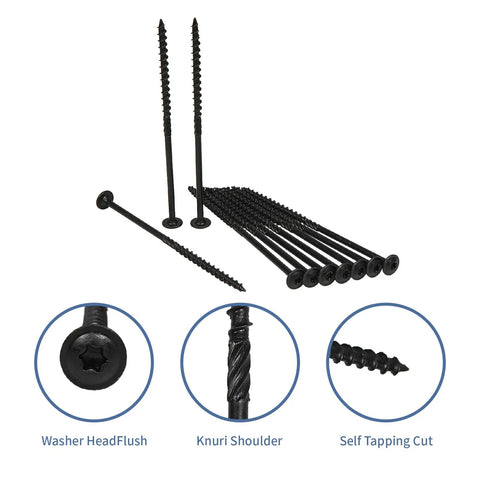50 Pack Quarter X Six Inch Heavy Duty Lag Screws For Exterior Wood Construction Black Coated Rust Resistant Structural Fasteners, showing details of screw types.