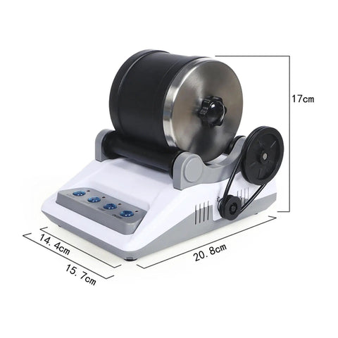 Rock Tumbler Polisher Kit Electric Gem Grinder with timer buttons for stone polishing, dimensions labeled, side view