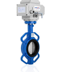 Snag This Badass 12 Inch Wafer Butterfly Valve With 24V DC Electric Actuator showcasing blue body and stainless steel disc.