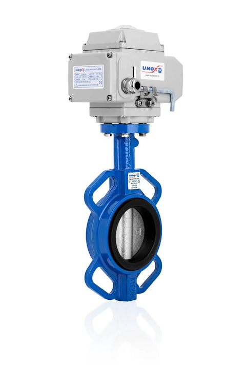 Snag This Badass 12 Inch Wafer Butterfly Valve With 24V DC Electric Actuator showcasing blue body and stainless steel disc.