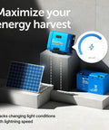 SmartSolar MPPT VE Can Solar Charge Controller with Bluetooth, solar panel, and battery on display, maximizing energy harvest.