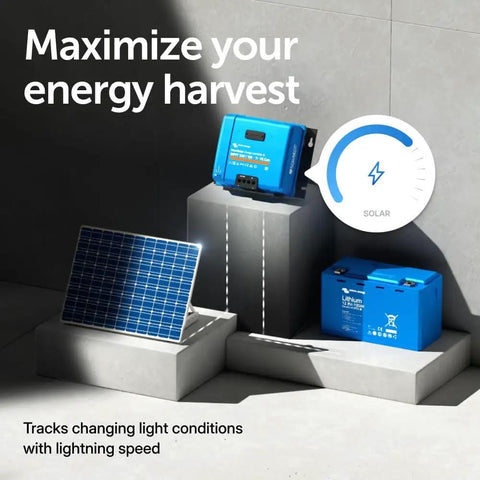 SmartSolar MPPT VE Can Solar Charge Controller with Bluetooth, solar panel, and battery on display, maximizing energy harvest.