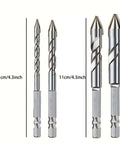 Front view of 4-piece Amazon dry drill bit set; 11 cm bits for tiles, concrete, glass, wood, metal.