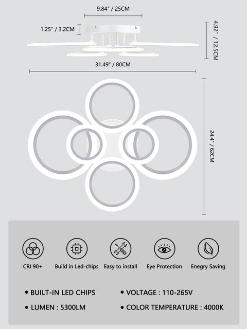 Diagram of Six Ring Modern LED Ceiling Light Flush Mount With White Rings, 4000K Daylight White Lighting Fixture dimensions