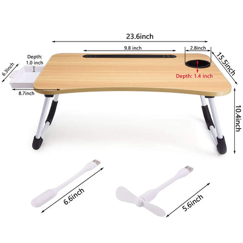 Foldable Laptop Desk For Bed Or Couch, Portable Laptop Table With Drawer, sturdy MDF wood with dimensions and USB accessories.
