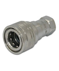 Front view of hydraulic quick-disconnect coupling, 3/8-in NPT ISO 7241-B, knurled silver housing.