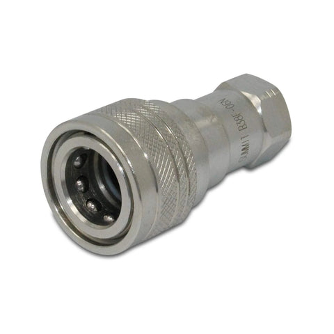 Front view of hydraulic quick-disconnect coupling, 3/8-in NPT ISO 7241-B, knurled silver housing.
