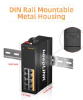 Industrial 8 Port Gigabit DIN Rail Switch Unmanaged With IP40 Protection, dimensions displayed, mounted on rail.