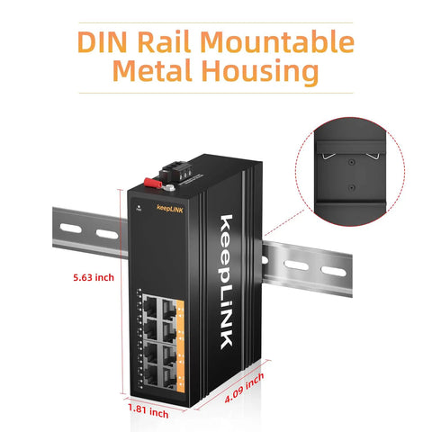 Industrial 8 Port Gigabit DIN Rail Switch Unmanaged With IP40 Protection, dimensions displayed, mounted on rail.