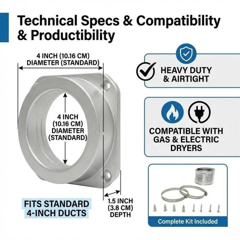 Technical specs of Magnetic Dryer Vent Coupling 4 Inch Kit With Quick Release Airtight Duct Connector shown with diagram.