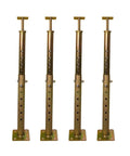 4 Pack Adjustable Floor Joist Support Jacks For Sagging Foundation Repair And Leveling Basement Beams Crawlspace Or Cellar Jobs Heavy Duty Steel Shoring Props That Kick Droopy Floors Straight Right Back in a row, showcasing adjustable steel jacks.