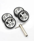 Rc Car Repair Kit For 1 28 Scale Rc Cars With Hard Plastic Drift Tires And Metal Wheel Rims Upgrade Parts Compatible With K969 K989 And More Models For Smoother Drifting, Impact Resistance, And Stable Center Of Gravity, showing metal rims and tool.