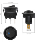 Dimensions of Three Pack 12V DC 20A Blue Round Rocker Toggle Switches With Bright Blue LED Indicator SPST On Off Power Switches