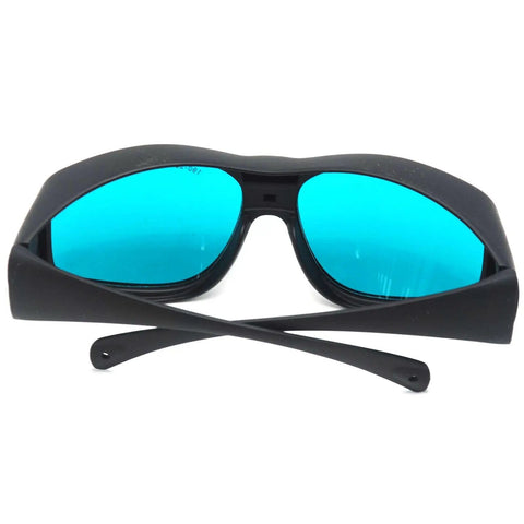 Rock Solid 2 Pair Laser Safety Glasses Block Nasty UV And Red Beam OD4 Filter, black shell with blue lenses, front view.