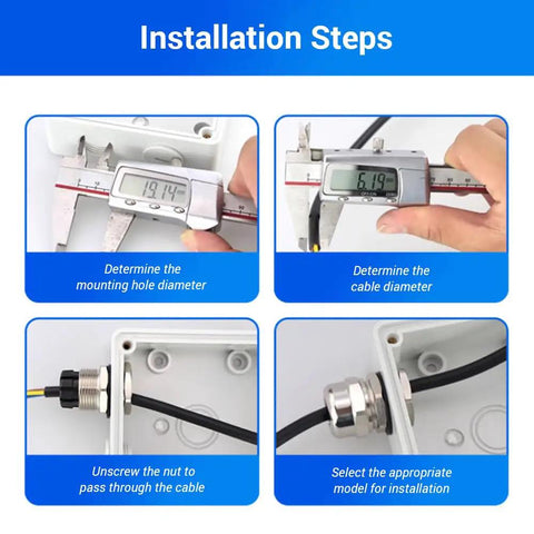 Installation steps for Stainless Steel NPT 1 Quarter Inch Cable Gland IP68 Waterproof Cord Grip with Gasket and Locknut.