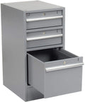 Heavy Duty 72 By 30 Inch Workbench Built Tough With Rock Solid All Welded Steel Frame And Smooth As Butter Pedestal Drawers Featuring Aluminum Handles Plus Cylinder Locks For Secure Storage On A Top Shelf ESD Safe Safety Edge Surface - Gray drawer unit open