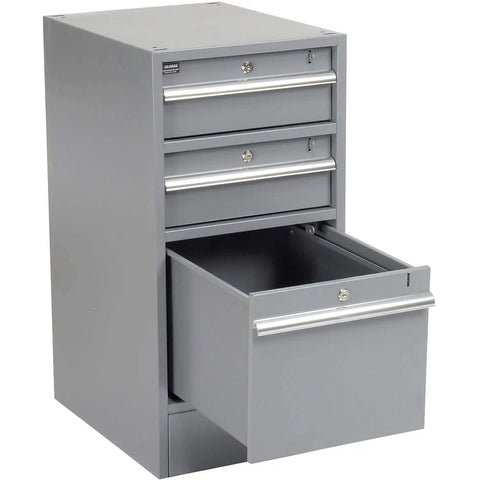 Top Shelf Heavy Duty Shop Workbench Featuring Rock Solid Steel Frame With Butter Smooth Dual Three Drawer Pedestal in sleek gray