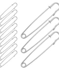 Rugged Heavy Duty Iron Safety Pins Pack Of 50 for Thick Sweaters and Scarves, showing various sizes of silver clips.