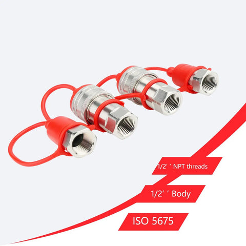 Two Pack 1/2 Inch NPT Ag Hydraulic Quick Connect Couplers With Dust Caps ISO5675 Ball Pioneer Heavy Duty Quick Connect Set