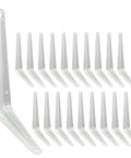 Heavy Duty 8 Inch White Metal Shelf Brackets 20 Pack L Shaped Adjustable Floating Shelf Brackets 8x6 Inch Industrial Pipe Decor For Wall With Screws Included displayed in multiple angles and arrangements.