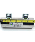 Front view of stainless steel two-bolt repair pipe clamp, 1-1/4 x 6 in, Avalon label.