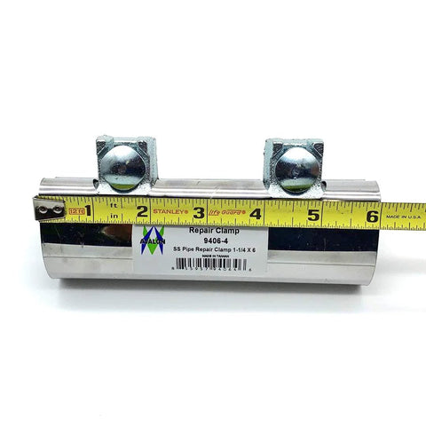 Front view of stainless steel two-bolt repair pipe clamp, 1-1/4 x 6 in, Avalon label.