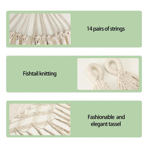 Close-up of Double Hammock With Macrame Cotton Boho Chic Outdoor Lounge showing fishtail knitting and tassels.