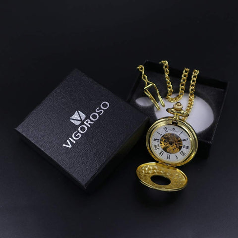 Gold Tone Skeleton Pocket Watch With Chain For Men, Half Hunter Double Cover, Mechanical Self-Winding Timepiece With Roman Numerals, Vintage Style That Feels Old-School Cool In Box