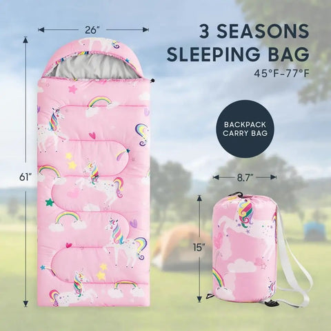 Unicorn Rainbow Clouds Pink Kids Sleeping Bag For Girls 61x26 Inches Lightweight 2.9 Lb 3 Season Camping And Sleepovers visible with dimensions