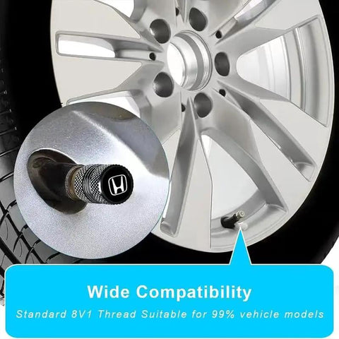 Honda Aluminum Alloy Tire Valve Stem Caps 4 Piece Set Black for Accord Civic CR-V Pilot EX EX-L Cars on silver wheel