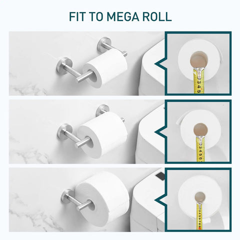 Wall Mounted Brushed Nickel Toilet Paper Holder Made From 304 Stainless Steel Rustproof And Built To Last Flexible Pivot Fits Mega Jumbo Rolls Ideal For Bathrooms Kitchens And RVs Easy Install No Fuss showing fit to mega rolls.