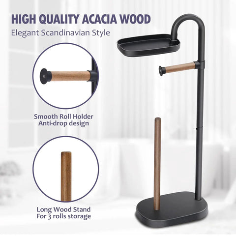 Freestanding Toilet Paper Holder With Acacia Wood Shelves And Black Steel Stand Mega Roll Friendly Bathroom Organizer No Fuss