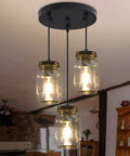 Three Light Mason Jar Pendant Lights For Kitchen Island Farmhouse Chandelier Ceiling Mount Black Rustic Hanging Lighting