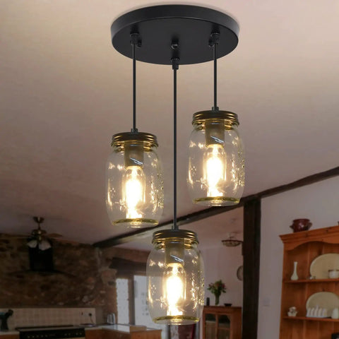 Three Light Mason Jar Pendant Lights For Kitchen Island Farmhouse Chandelier Ceiling Mount Black Rustic Hanging Lighting