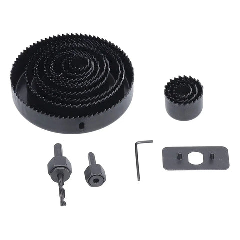 Top Tier 16 Piece Hole Saw Kit For Clean Woodworking With Tough Carbon Steel Teeth Making Fast Symmetrical Cuts Through Drywall And Plastic Boards Without Any Hassle Or Effort In Your Shop. black carbon steel hole saw kit with hex key and drill bits