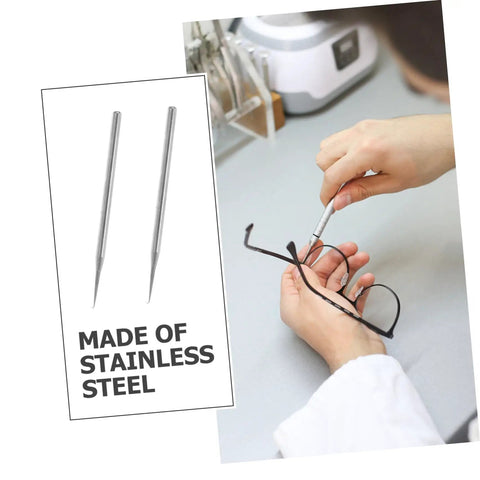 Six Piece Stainless Steel Eyeglass Repair Hook Tool Set For Half Frame Glasses in use for quick adjustments and maintenance.