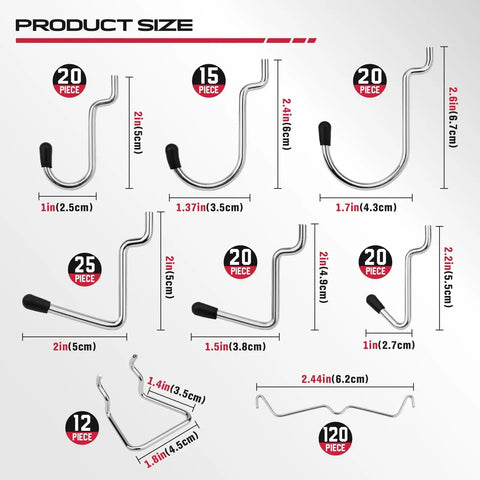 300 Piece Pegboard Hook Set For Garage And Workshop Organization Pro Grade Heavy Duty Durable Hardened Steel Pegboard Accessories For Hanging Tools Screws Bins And Craft Storage with size chart and piece count shown on hooks
