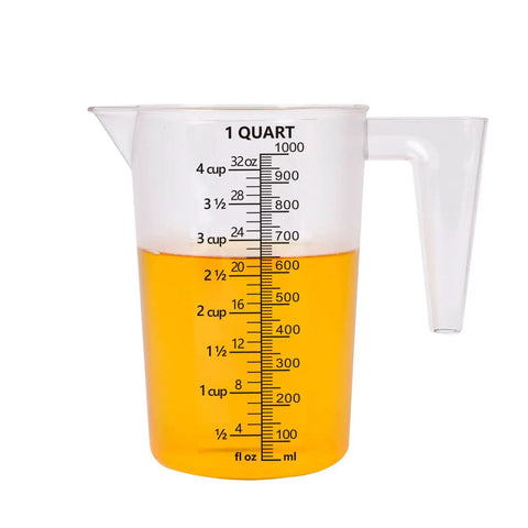 Food Grade Plastic Measuring Pitcher 32 Oz Four Cup With Handle For Liquid Mixing Oils Pool And Lawn Chemicals Dilution Soap Brewing And Kitchen Or Commercial Use Clear Durable Pro Grade For Tough Jobs