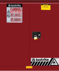 No Nonsense 30 Gallon Flammable Liquid Safety Cabinet in red with warning labels and lock for safe solvent storage.