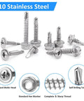 Self Drilling Screws Kit For Metal And Wood, 420 Piece Multi Size Set In 410 Stainless Steel, Includes Size Eight And Size Ten In 12 Common Lengths, Hex Washer Head And Phillips Round Head, TEK And Wafer Head Screws By CGBOOM For Building And Repair.