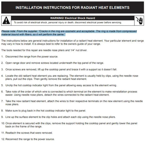 Installation instructions for radiant heat elements with safety warning and step-by-step guide.