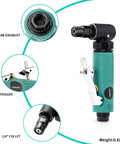 Bad Boy Pneumatic Right Angle Die Grinder Cranking 22000 RPM image showing the rear exhaust, trigger, and 1/4" collet details.
