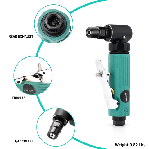 Bad Boy Pneumatic Right Angle Die Grinder Cranking 22000 RPM image showing the rear exhaust, trigger, and 1/4" collet details.
