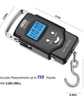 Pocket Size Fishing And Luggage Scale With Built In Tape And Backlit LCD Display 110 Lb 50 Kg Digital Weighing Scale shown