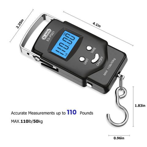 Pocket Size Fishing And Luggage Scale With Built In Tape And Backlit LCD Display 110 Lb 50 Kg Digital Weighing Scale shown