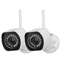 Outdoor Wireless Security Camera System 2 Pack 1080p Full HD Home Surveillance With Alexa And Google Assistant Compatibility Easy Plug In Setup Wall Mount Design For Wide Angle Viewing And Night Vision, featuring two white cameras with antennas