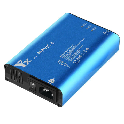 Blue Mavic 4 Pro Drone Battery Charger Hub 5 in 1 Fast Charge Station For Three Batteries And Two USB Ports, angled view