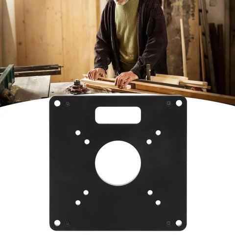 Front view of Six Piece Aluminum Alloy Milling Flip Board Inset Plate Kit for router tables on woodworking surface.