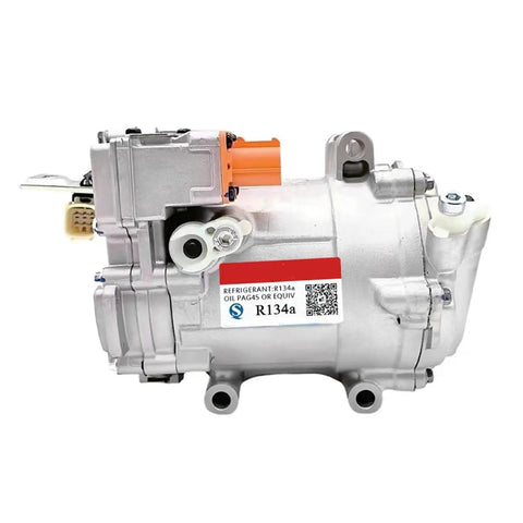 Heavy Duty Electric AC Compressor For BYD G5 S6 F3 F6 Tang Han EV Song Plus showing electrical connectors and refrigerant label.