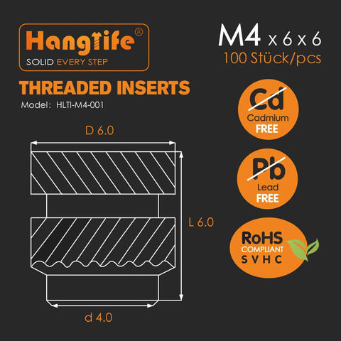 Diagram of M4 Heat-Set Threaded Inserts For 3D Printing Components And Plastic Parts Brass Knurled Nuts 100 Pieces